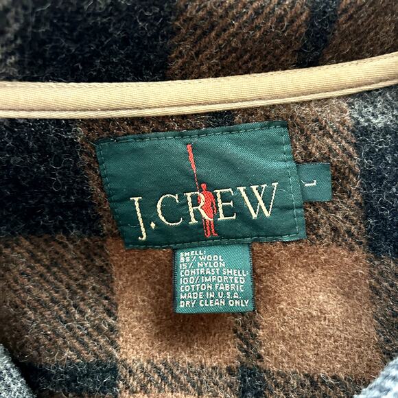 Vintage J.Crew Wool Plaid Zip Jacket Brown Gray Check Oversized Made in USA sz L - Picture 4 of 16